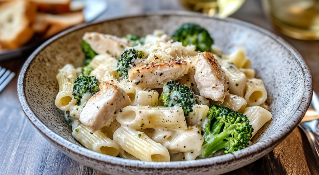 Easy creamy chicken and broccoli pasta bake